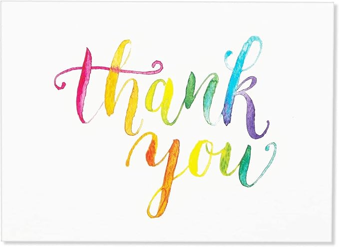 Sustainable Greetings 120 Pack Thank You Cards with Envelopes - 5 x 4-Inch Multicolor Watercolor Rainbow Font - Blank Inside - Bulk Thank You Notes Set for Weddings & Baby Showers
