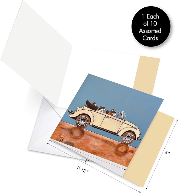 The Best Card Company - 10 All Occasion Blank Cat Cards (4 x 5.12 Inch) - Cute Assorted Bulk Card Set - Car Cats MQ4978OCB-B1x10