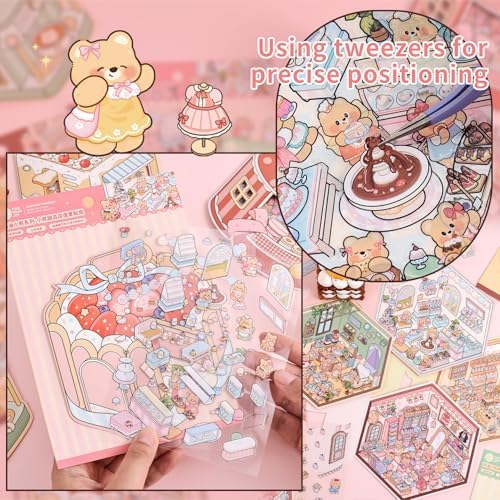 Girls 3D Miniature Scene Stickers, 4 Sets Mini Shop DIY House Stickers for Clothing Store, Coffee Shop, Bakery, Dessert Shop, Cute 3D Cartoon Sticker Scenes for Adult Kids Relief Stress Pass The Time - Image 4