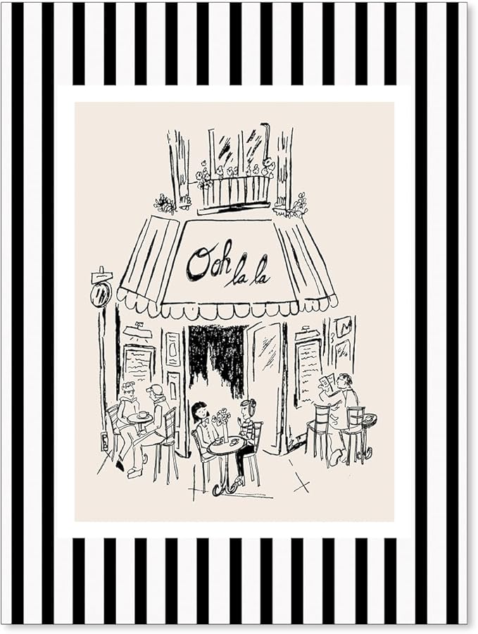 Black and White Stripe Sketch Wall Art French Paris Cafe Aesthetic Poster Funky Minimalist Canvas Prints for Kitchen Coffee Bedroom Wall Decor 08x10 inch Unframed