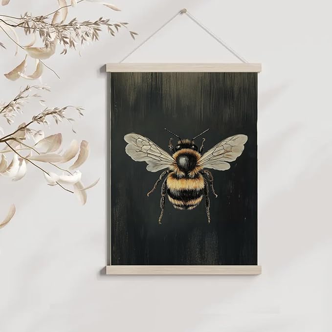bitCNY Realistic Bee Wall Art – 12x16 Inch Vintage Insect Print, Nature Bumblebee Poster on Dark Background for Farmhouse or Botanical Décor