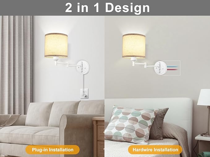 Plug in Wall Sconces with Remote Control, Dimming, Adjustable Colors 2700K-6500K, Hardwire or Plug-in, Swing Arm Wall Lamp with Linen Fabric Shade, Wall Sconces Set of Two, White Finish