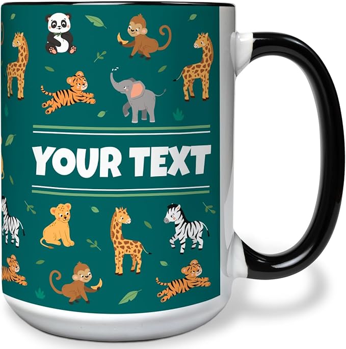 Personalized Mug for Kids - Zoo Animals - Custom Name/Text, Ceramic Hot Chocolate/Cocoa/Coffee Cup for Boys/Girls, Birthday/Christmas/Holiday Gift - 15 oz, Pink Handle