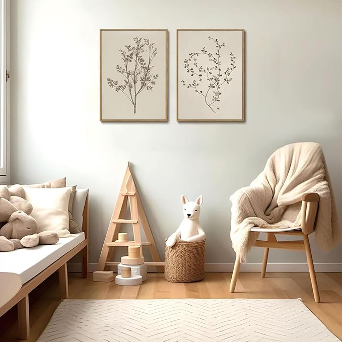 YOYIAXT 2 Pieces Farmhouse Botanical Canvas Wall Art For Bedroom Cottagecore Country Minimalist Neutral Antique Rustic Framed Art Print Artwork For Office Living Room, 16x24 in
