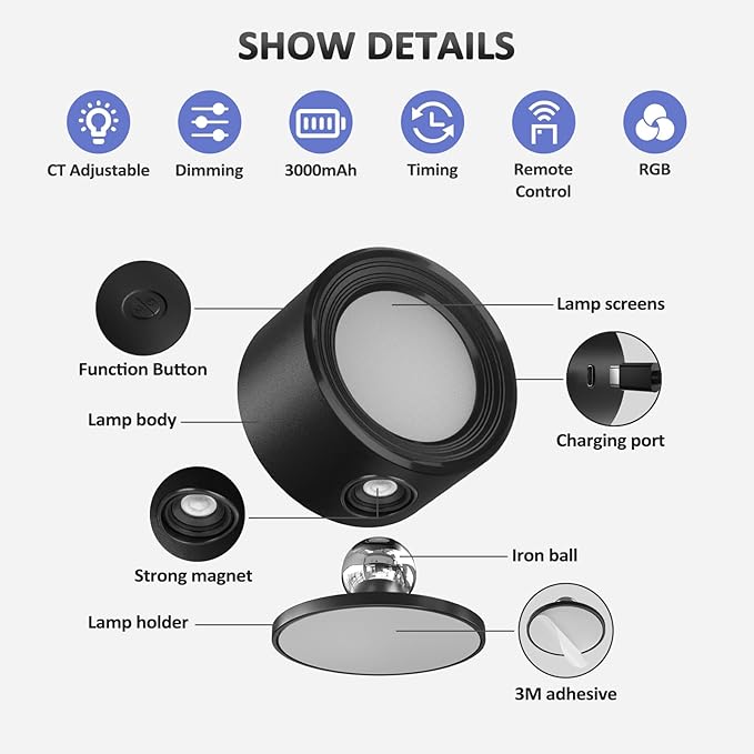 Lightbiz LED Wall Lights 3 Pcs with Remote, RGB Ambience Wall Sconces Lamp 3000mAh Rechargeable Battery Operated, 3 Color Temp & Dimmable Magnetic 360° Rotation Cordless Light for Living Room Bedside