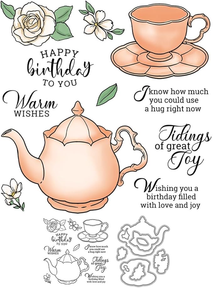 Teapot Cup Stamps and Cutting Dies for Card Making DIY Transparent Silicone Clear Stamp and Metal Die Cuts Sets for Scrapbooking Paper Greeting Cards Decor Seals Craft Supplies