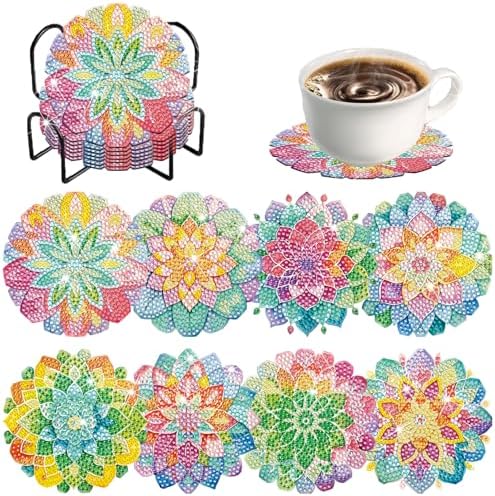 8 Pieces Lotus Diamond Coasters with Holder DIY Cute Lotus Diamond Art Coasters 5d Craft Decor for Beginners Adults for Gift by Demonwer