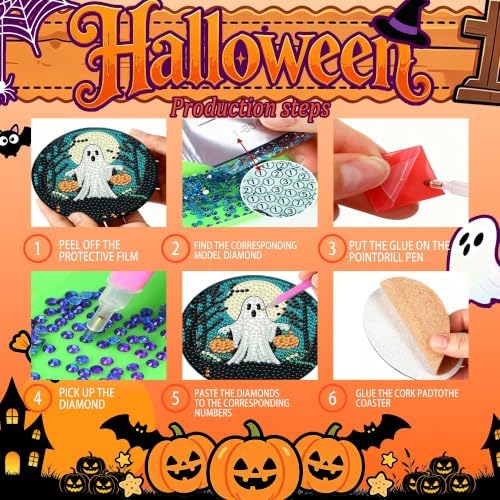 Leatrice 6 PCS Halloween Diamond Art Coasters Small Diamond Painting Kits - Image 3