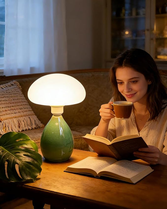 Lightdot Mushroom Lamp, Ceramic Bedside Table Lamp for Bedroom Nightstand, Retro Vintage Green Night Light, Small Aesthetic Lamp for Living Room Desk Home Decor, LED Bulb Included