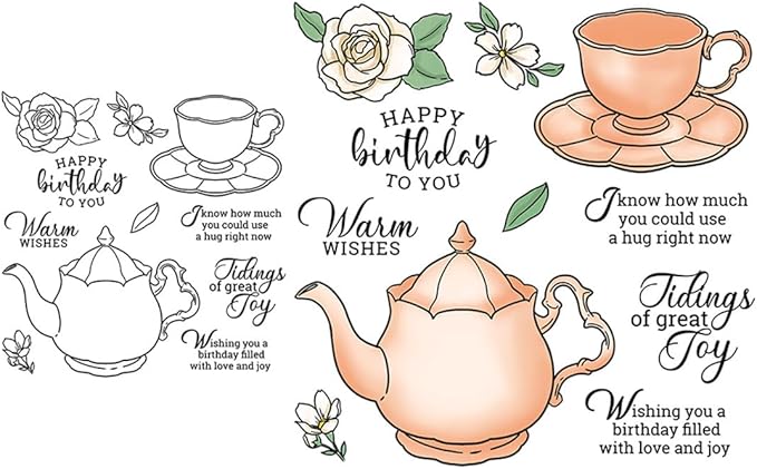 Teapot Cup Stamps and Cutting Dies for Card Making DIY Transparent Silicone Clear Stamp and Metal Die Cuts Sets for Scrapbooking Paper Greeting Cards Decor Seals Craft Supplies