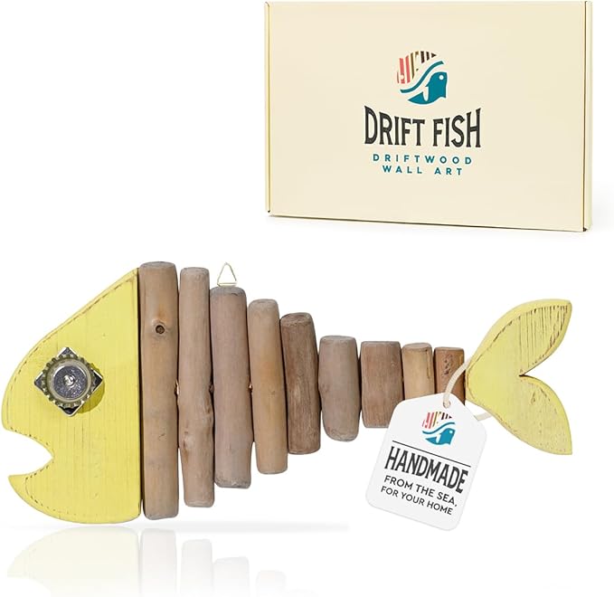Mint Bucket Brands Driftwood Fish Nautical Wall Decor - 13" x 6" Handmade Wooden Rustic Coastal Wall Art for Living Room, Bedroom, Office, Bathroom - Ocean Beach Decoration (Pixie)