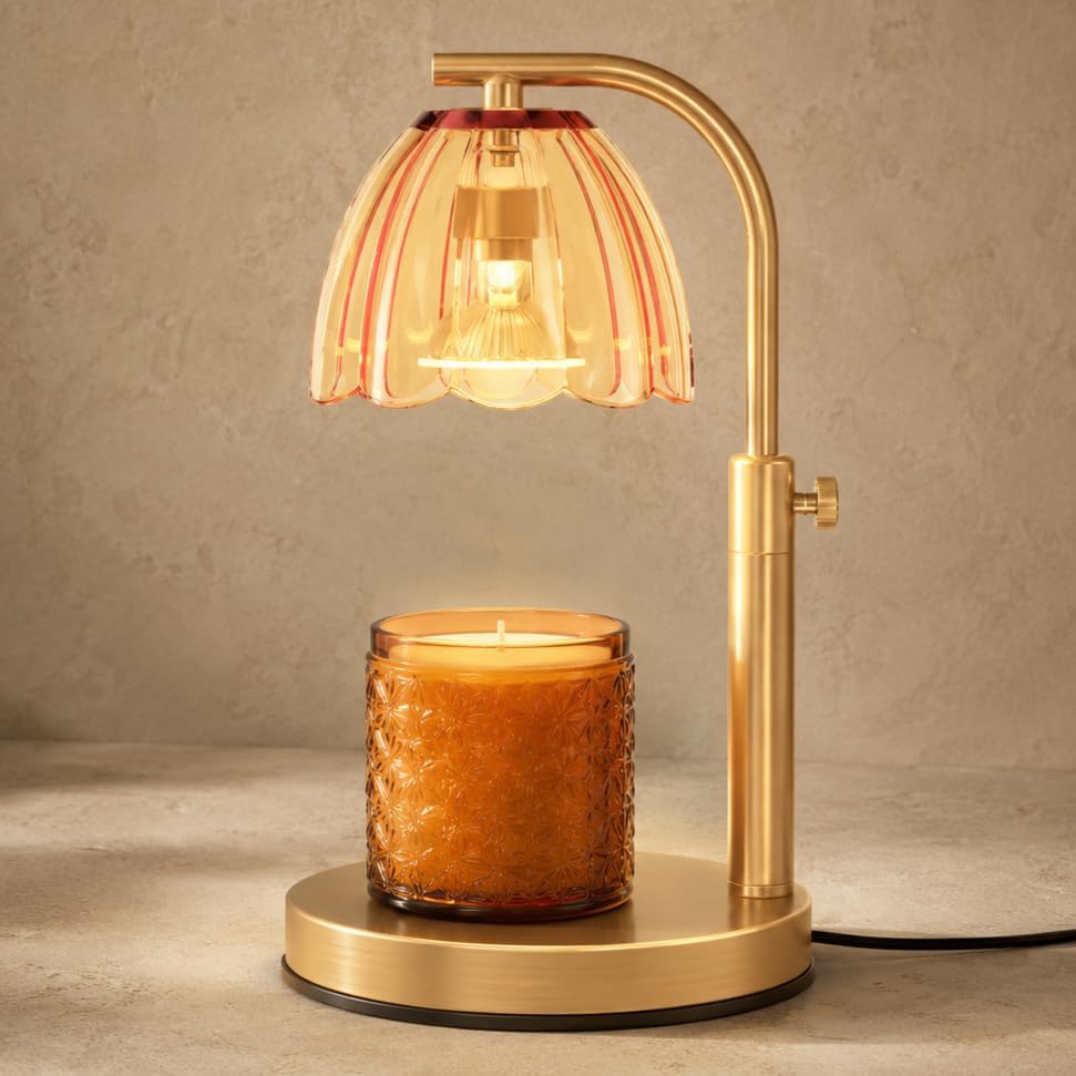 Scalloped Glass Candle Warmer Lamp with Timer (2H/4H/8H) - Dimmable & Adjustable Height - Wax Melter for Large & Small Jar Candles - 2 Bulbs - Gold Metal - Flameless Home Decor Gift for Women (Amber) by Unknown