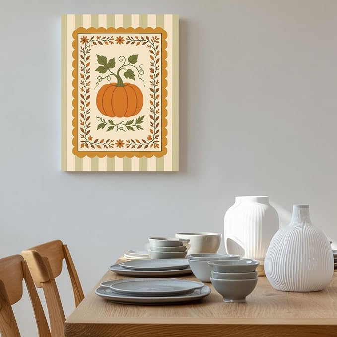 Pumpkin Harvest Wall Art – Vintage Fall Botanical Canvas Print – Autumn Farmhouse Decor with Green Stripes – Thanksgiving Pumpkin Illustration Poster 16x20inch-Framed