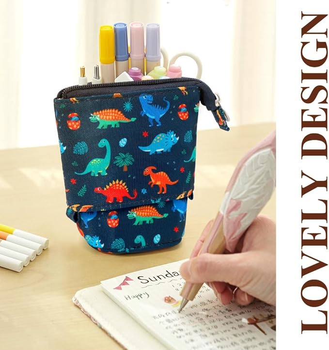 KPX Cute Standing Pencil Case Pen Holder for Kids, Pop Up Stand UP Bubble Tea Pen Organizer Kawaii Stationary for Christmas Holiday New Year Office (Dinosaur)
