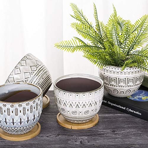VanEnjoy 5.5 inch Large Round Bohemian Style Ceramic Planter, Geometry Engrave Off White Brown Succulent Planter Flower Pot, Indoor Outdoor Decorative Planter - Image 6