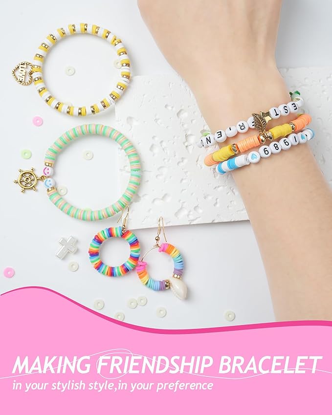 BestNow Clay Beads Bracelet Making Kit 6000 Pcs Flat Preppy Beads for Friendship Jewelry Making Polymer Heishi Beads with Charms Gifts for Teen Girls Crafts for Girls Ages 8-12