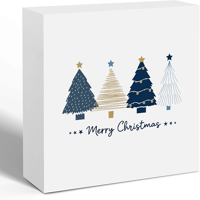 Navy Blue and Gold Christmas Tree Wooden Box Sign, Preppy Christmas Desk Decor, Merry Xmas Tree Winter Holiday Wood Signs for Home Office Desk Shelf Tabletop Decor, 5x5 Inch Decorative Signage