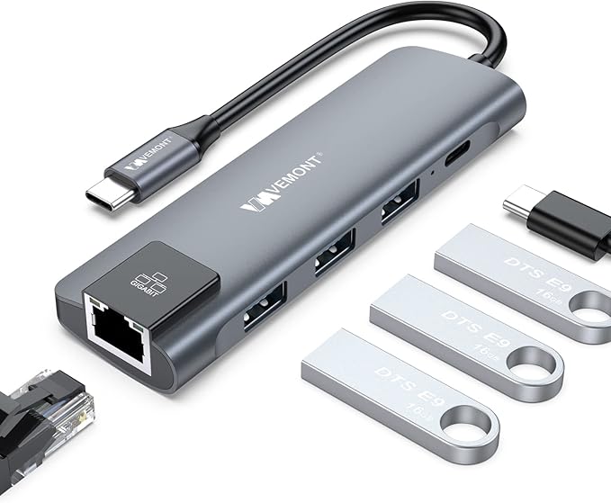 VEMONT 5 in1 USB C hub, Type-c multiport Adapter with Gigabit Ethernet, 3 USB 3.0 hub for Data, 100W Power Delivery, USB hub for Laptop MacBook or ipad, and Other USB C Devices