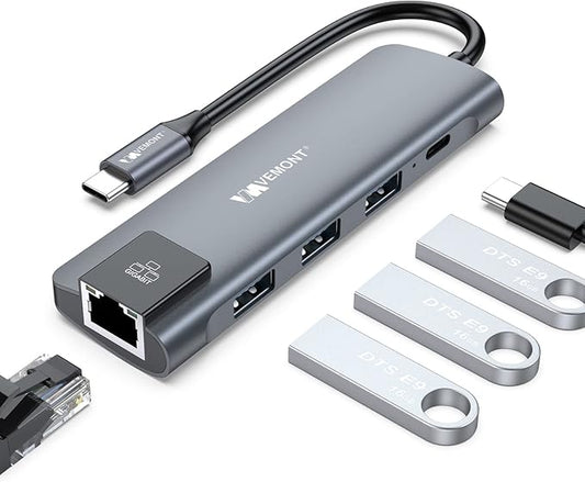 VEMONT 5 in1 USB C hub, Type-c multiport Adapter with Gigabit Ethernet, 3 USB 3.0 hub for Data, 100W Power Delivery, USB hub for Laptop MacBook or ipad, and Other USB C Devices