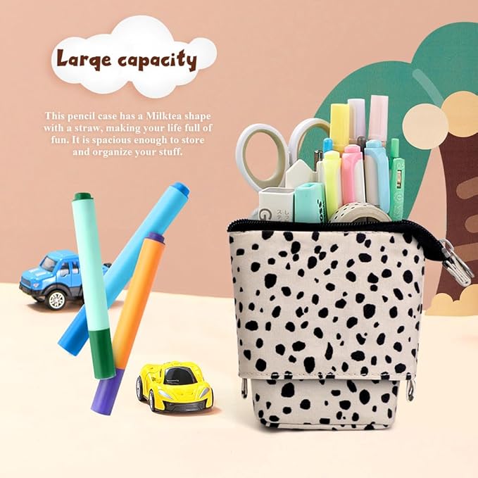 Cute Standing Pencil Case Pen Holder for Kids, Pop Up Stand UP Bubble Tea Pen Organizer Kawaii Stationary for Christmas Holiday New Year Office (Beige Leopard)