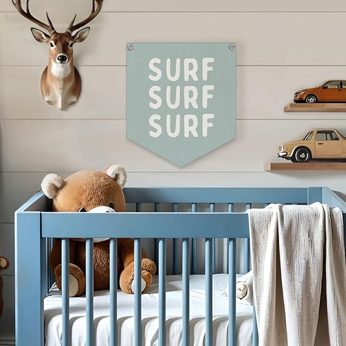 Lacama Surf Decor for Kids Room, Surf Linen Canvas Banner, Coastal Beach Wall Hanging Flag, Nautical Ocean Theme Sign for Boys Room, Playroom, Nursery 12.4x14 in