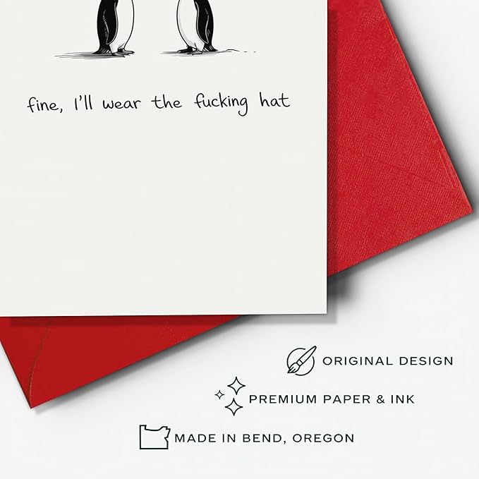 (5.3x8in) Fine I’ll Wear the Hat Funny Penguin Christmas Card with Envelope, Hilarious Adult Holiday Greeting with Swearing Humor, Sarcastic Xmas Card for Friends, Coworkers, Couples (Xmas 36)