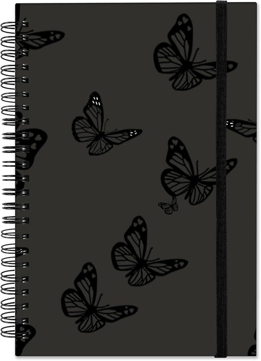 Spiral Notebook,Hardcover Journal Wide Ruled Spiral Notebook,A5 5.5 x 8.3 Inch,80GSM Thick Paper 60 Sheets 120 Pages for Girls Women School Office Aesthetic Cute-Gray Black Butterfly