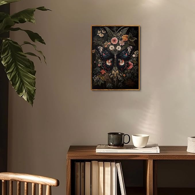 Djmwtb Vintage Framed Wall Art Butterfly Canvas Wall Art Prints Gothic Botanical Floral Pictures Dark Academia Flower Painting Artwork for Living Room Bedroom Bathroom Office 12x16in