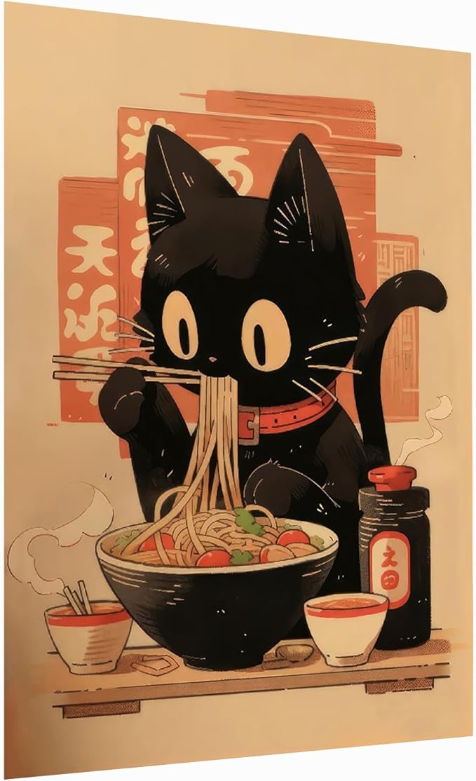 Noodle Black Cat Poster,Tonkine Cat Print,Edo Period Ramen Noodles Art,Ramen Stall Print,Vintage Ramen Print,Japan Black Cat Poster,Eating Hungry Cat For,Kitchen Wall Art12x16Unframed
