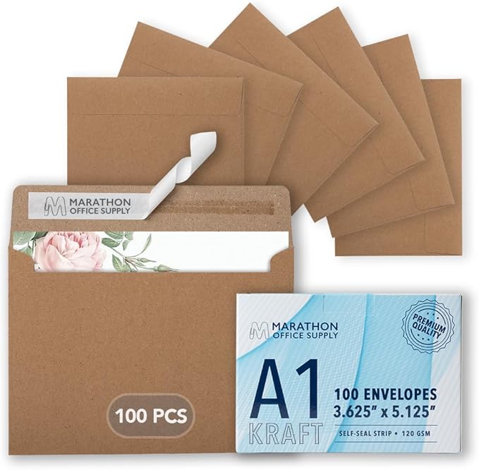 MOS A1 Kraft Envelopes 3.6 x 5.1 Inch 100 Pack — Brown Self-Seal Heavyweight Invitation Envelopes for RSVP, Thank You Cards, Gift Cards, Weddings, Business Mailings