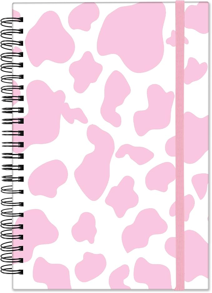 Spiral Notebook,Hardcover Journal Wide Ruled Spiral Notebook,A5 5.5 x 8.3 Inch,80GSM Thick Paper 60 Sheets 120 Pages for Girls Women School Office Aesthetic Cute-Pink Cow