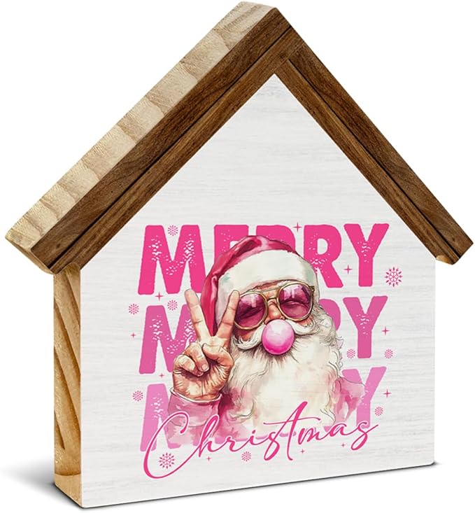 Pink Santa Christmas Decor, Funny Santa Blowing Bubble With Sunglasses House Shaped Wood Sign, Merry Christmas Home Decorations