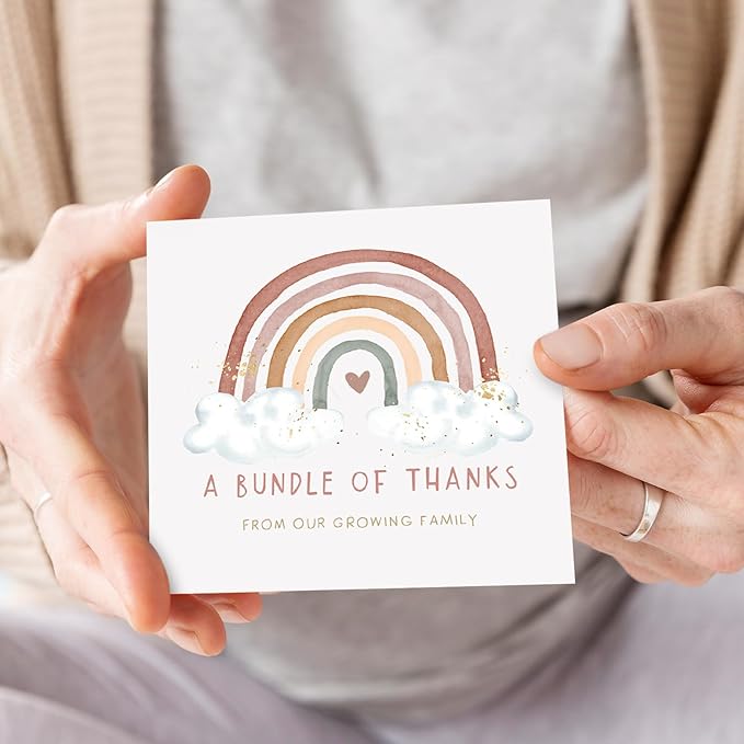 Whaline 50 Pack Baby Shower Thank You Cards Boxed Boho Rainbow Thank You Note Cards with Envelopes Stickers for Birthday Invitation, 5 x 5 Inch