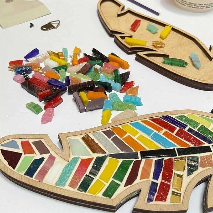 TATREBCRE DIY Mosaic Kit for Adults & Kids – Feather, Bird, Cat & Heart Designs – Christmas Gift Arts and Crafts Kit with Grout & Tools – Easy Mosaic Craft for Beginners (Three-Colored Feathers)