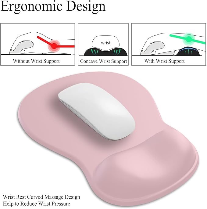 Gel Mouse Pad with Wrist Rest, Ergonomic Concave Wrist Support Mousepad with Non-Slip PU Base & Smooth Surface Comfortable Desk Accessories Mat for Office, Home Gaming and Study (11 Pink)