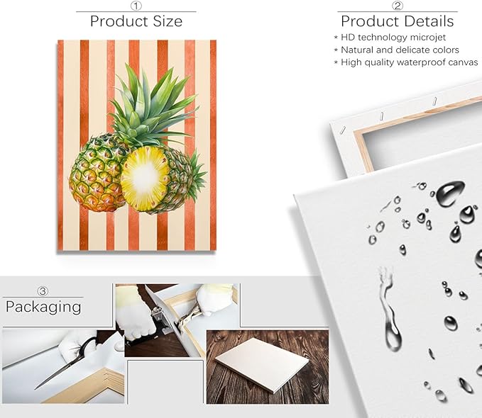 Pineapple Watercolor Wall Art – Tropical Fruit Canvas Print – Summer Kitchen Decor with Orange Stripes – Botanical Pineapple Illustration Poster 24x32inch-Framed