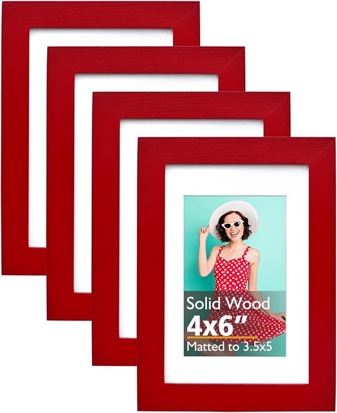 KINLINK 4x6 Frame Red, Solid Wood 4 x 6 Picture Frame with Acrylic Plexiglass for 3.5x5 with Mat, Tabletop and Wall Display Photo Frames 4x6 Red, 4 Pack