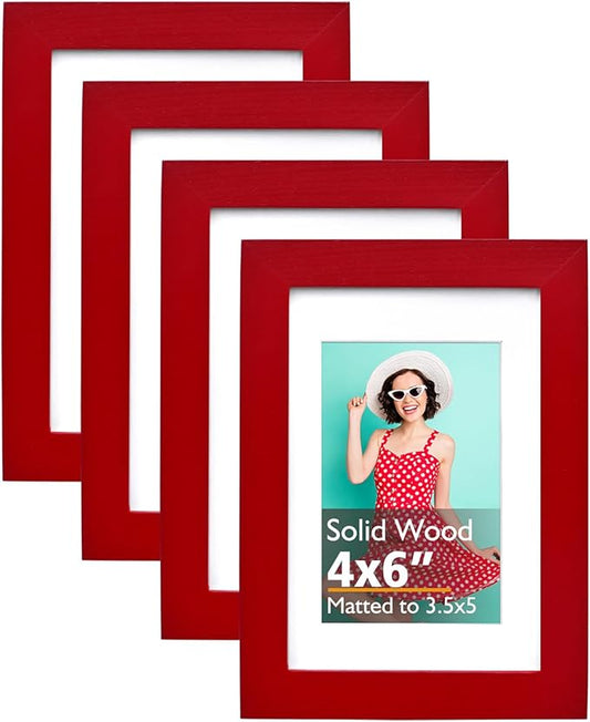 KINLINK 4x6 Frame Red, Solid Wood 4 x 6 Picture Frame with Acrylic Plexiglass for 3.5x5 with Mat, Tabletop and Wall Display Photo Frames 4x6 Red, 4 Pack