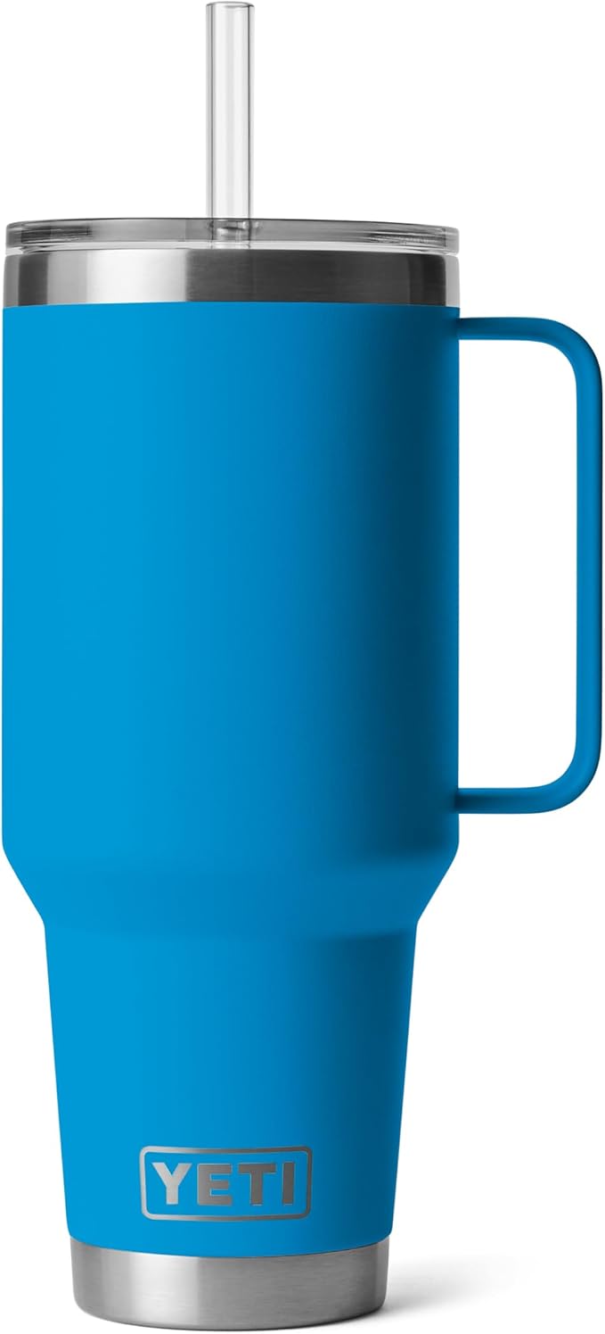 YETI Rambler 42 oz Tumbler with Handle and Straw Lid, Travel Mug Water Tumbler, Vacuum Insulated Cup with Handle, Stainless Steel, Big Wave Blue