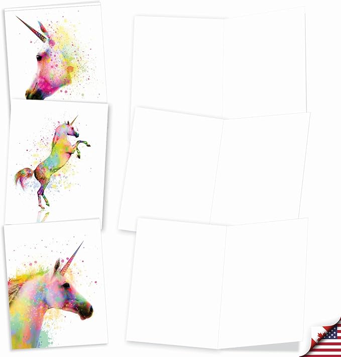 The Best Card Company Assorted Watercolor Blank Greeting Card Box Set - Incl. 10 Notecards + Envelopes, 20 Unique Designs for Thank You, Invitations, More - Funky Rainbow Unicorns AM6748OCB-B2x10-NB