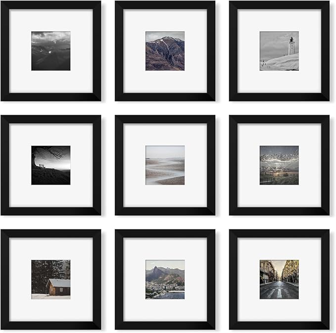 8x8 Picture Frame Set of 9, Photo Gallery Wall Frame Set, Display Pictures 4x4 with Mat or 8 x 8 Without Mat, Square Frame Picture Frames Collage Wall Decor, Black