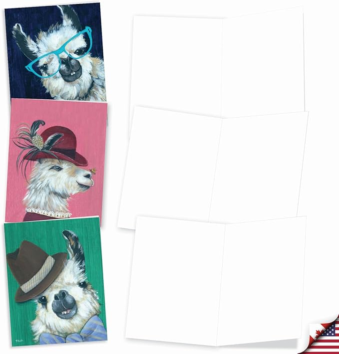 The Best Card Company Assorted Blank Greeting Card Box Set - Incl. 20 Cards + Envelopes - 10 Unique Designs - Perfect for Thank Yous, Invitations, More - Personality Llamas AM7036OCB-B2x10-NB