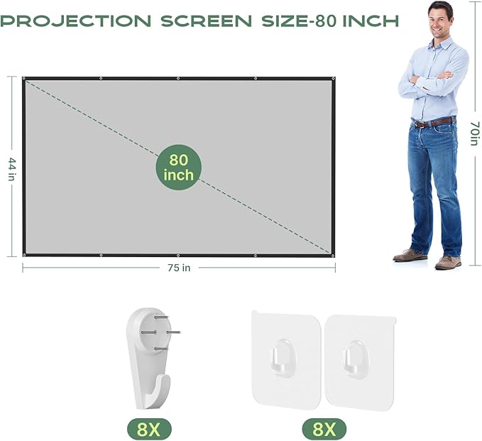 AAJK ALR Projector Screen, 4K Movie Projector Screen 16:9 HD Foldable Anti-Crease Portable Projector, Movies Screen for Home Theater Outdoor Indoor Support Double Sided Projection (80in Pro)