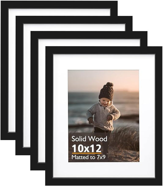 KINLINK 10x12 Picture Frame Black, Solid Wood Frames with Acrylic Plexiglass for Pictures 7x9 with Mat or 10x12 without Mat, Tabletop and Wall Display Photo Frame, Set of 4