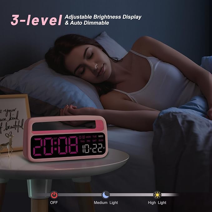 Digital Alarm Clock for Bedroom, Plug-in Digital Bedside Clock with Night Light, Large Display, Dual Alarm, Snooze, Dimmable for Adults Kids Teens, Pink