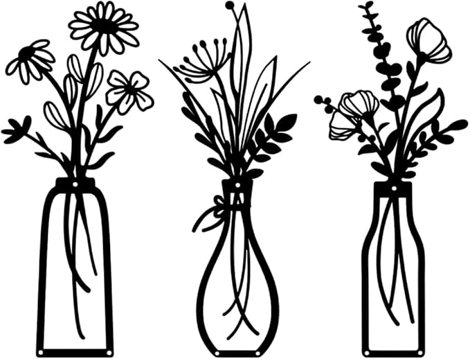 Bochino 3 PCS Metal Flowers Wall Arts, Rustic Farmhouse Decor Minimalist Flower Wall Decors for Living Room Bathroom Bedroom Dining Room Kitchen, Perfect Housewarming Gifts (O-Black)