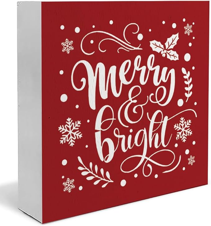 Merry and Bright Christmas Decor Wooden Box Sign, Christmas Desk Decor, Farmhouse Red Christmas Snowflake Xmas Wood Signs for Home Office Table Shelf Decoration, 5x5 Inch