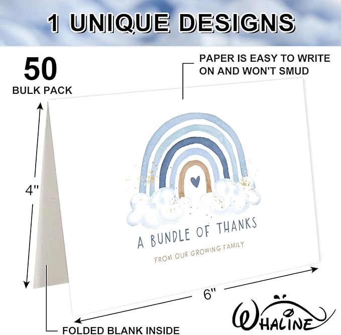 Whaline 50 Pack Blue Rainbow Thank You Cards Boxed A Bundle of Thanks from the Growing Family Note Cards with Envelope Sticker Greeting Blank Card for Birthday Baby Shower