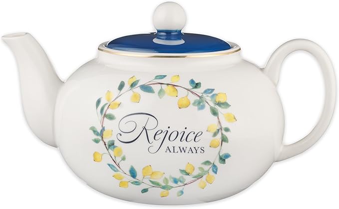 Christian Art Gifts Large Ceramic Cute Inspirational Scripture Teapot for Women: Rejoice Always Bible Verse for Home & Kitchen w/Gold, Easy-pour Lead & Cadmium-free, White/Blue & Yellow Lemons, 34 oz.