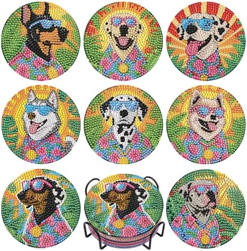 DOTSOPS 8 Pcs Dog Diamond Painting Coasters for Beginners with Holder 4 in by DOTSOPS
